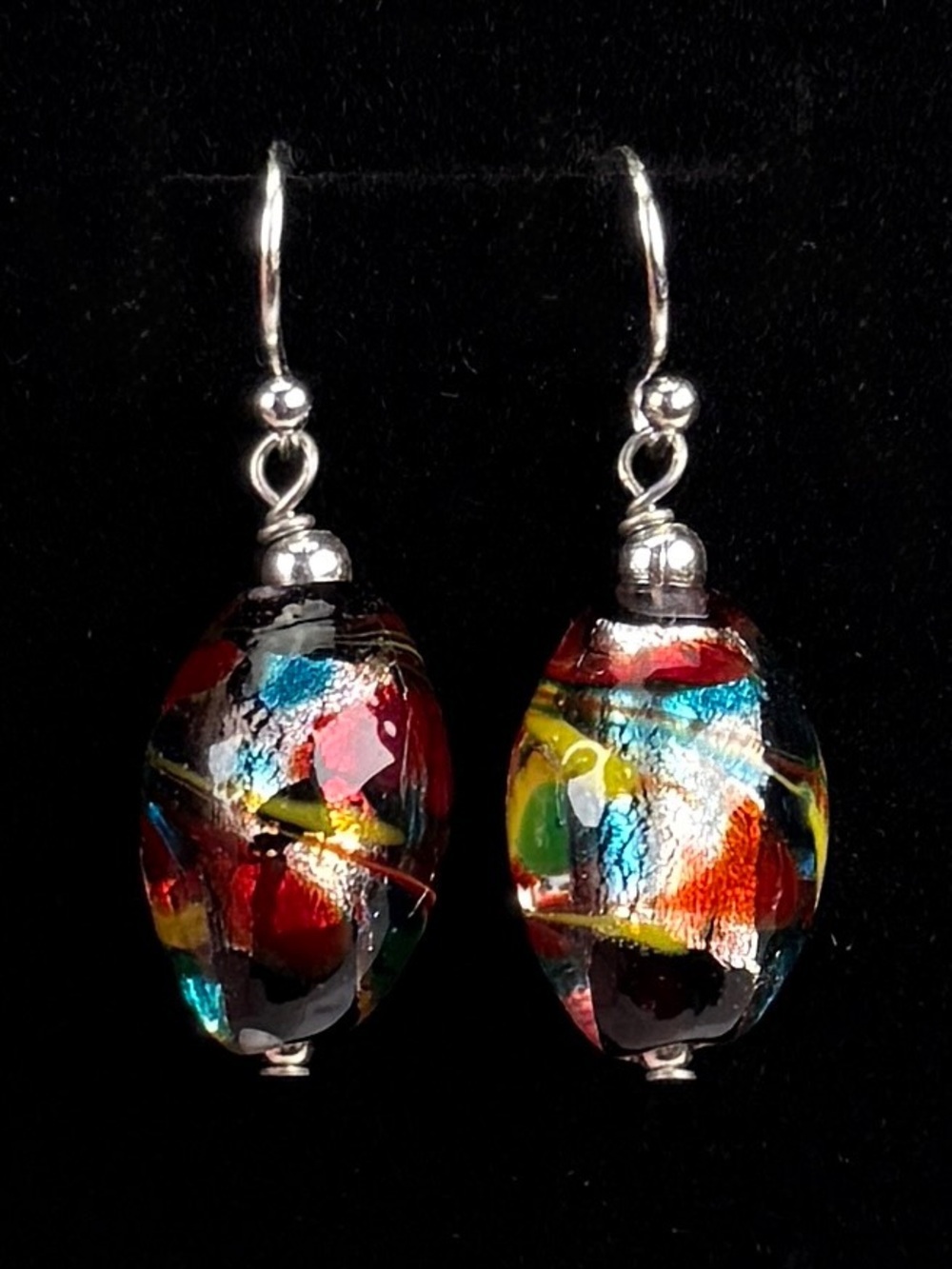 Beautiful Silvertone multicolor glass, egg shaped costume pierced earrings
